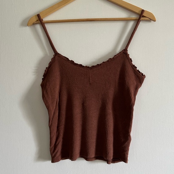 Urban Outfitters Project Social T Brown Ribbed Ruffle Dainty Tank Top Size M EUC - Picture 2 of 9